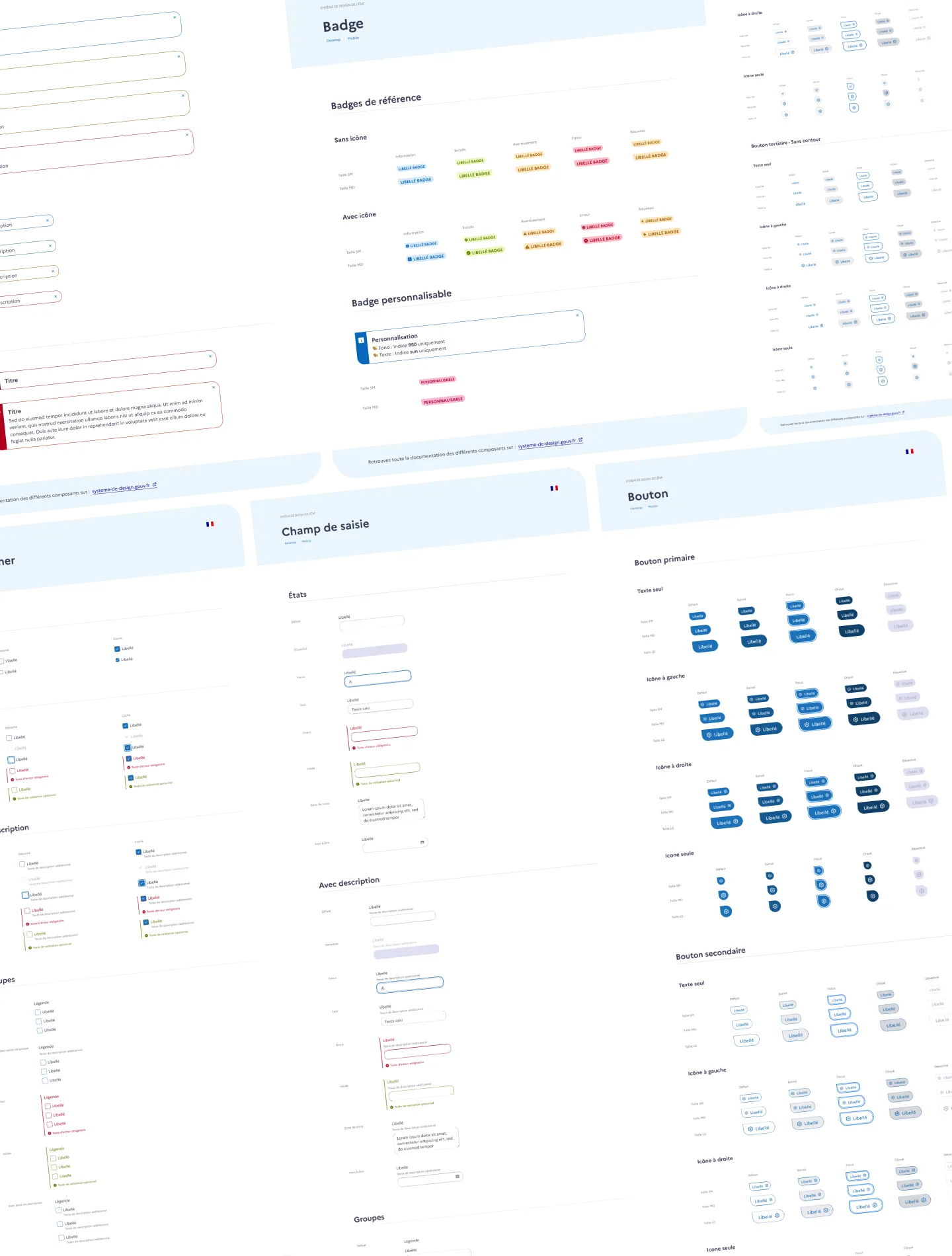 Component sheets of the themed DSFR system: reference badges with states and sizes, input fields with error and validation states, primary and secondary buttons with icons, shown across all their states.