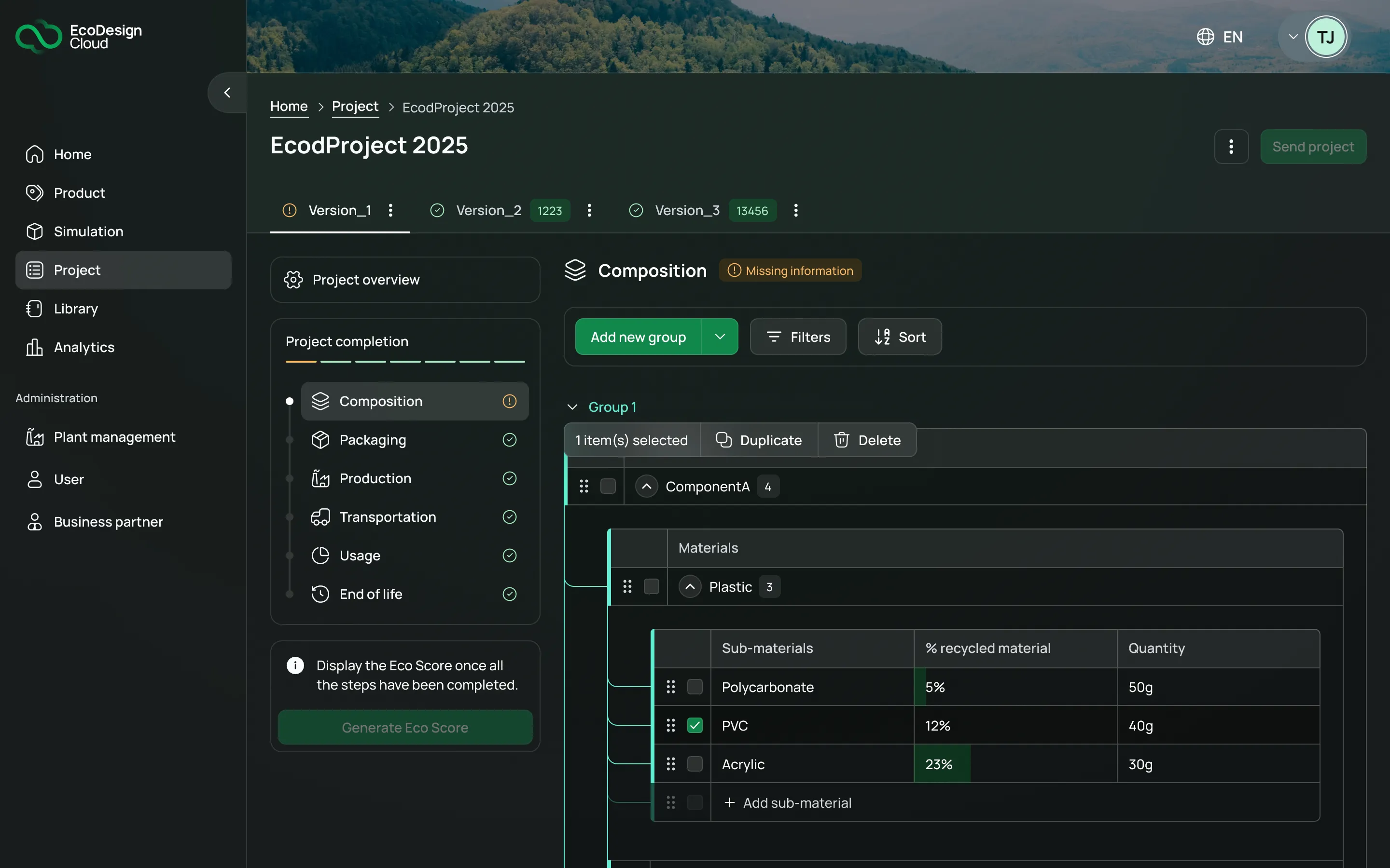 Project composition screen in EcoDesignCloud: a component, material, sub-material hierarchy edited inline, a project completion stepper, and an Eco Score calculation locked while information is missing.
