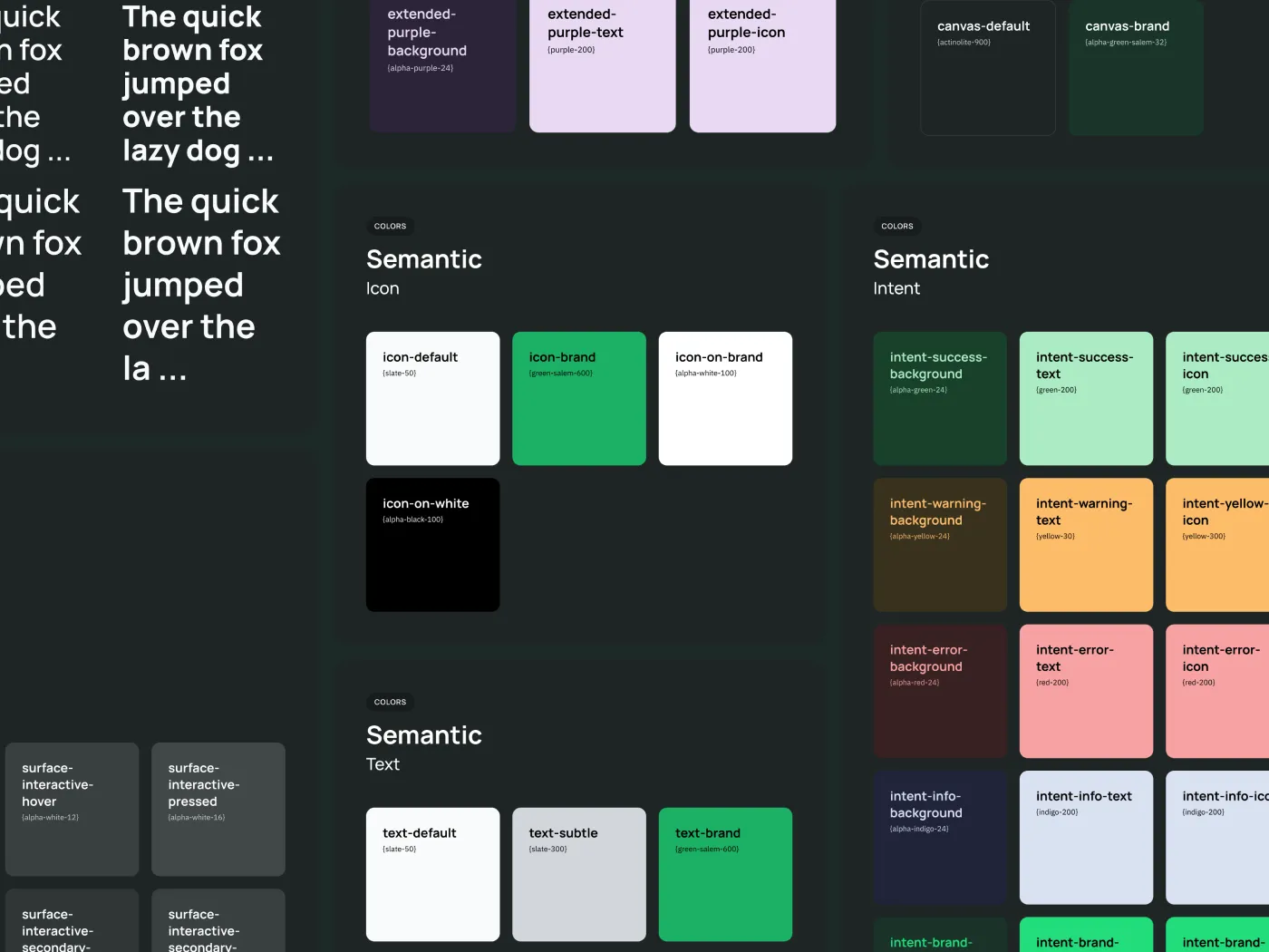 Excerpt of the EcoDesignCloud design system foundations in Figma: semantic colour tokens named by usage (icon-default, text-brand, intent-success, intent-warning, intent-error, intent-info), each referencing a primitive, with type specimens and interactive surface states.