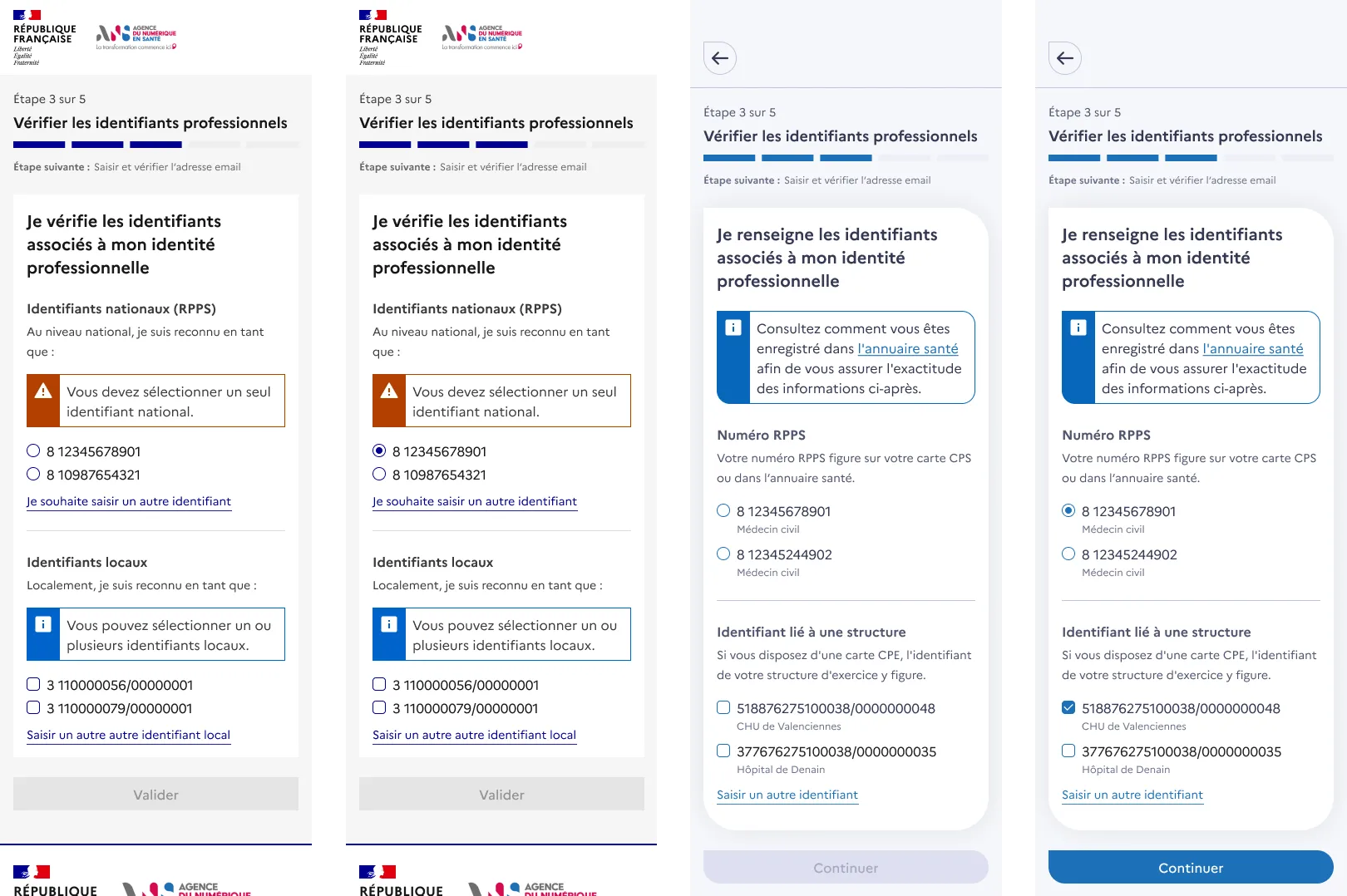 Four mobile screens of the "Verify professional identifiers" step. The two on the left, round-1 version: an orange error block "You must select a single national identifier" shown right away, with "National (RPPS)" and "Local" identifier lists as raw numbers, no explanation. The two on the right, revised version: no error on load, an information card "See how you are registered in the health directory", the RPPS number paired with "Your RPPS number is on your CPS card or in the health directory" and qualified ("Civil physician"), the facilities named, and a "Continue" button that only activates once a selection is made.